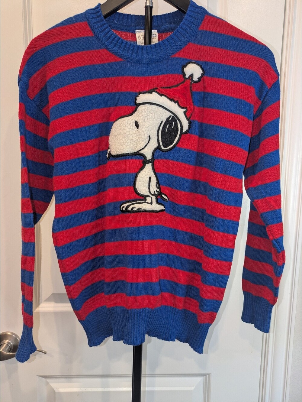 Peanuts Snoopy Christmas Sweater S Red Blue Striped Santa Fuzzy Holiday - Picture 2 of 11